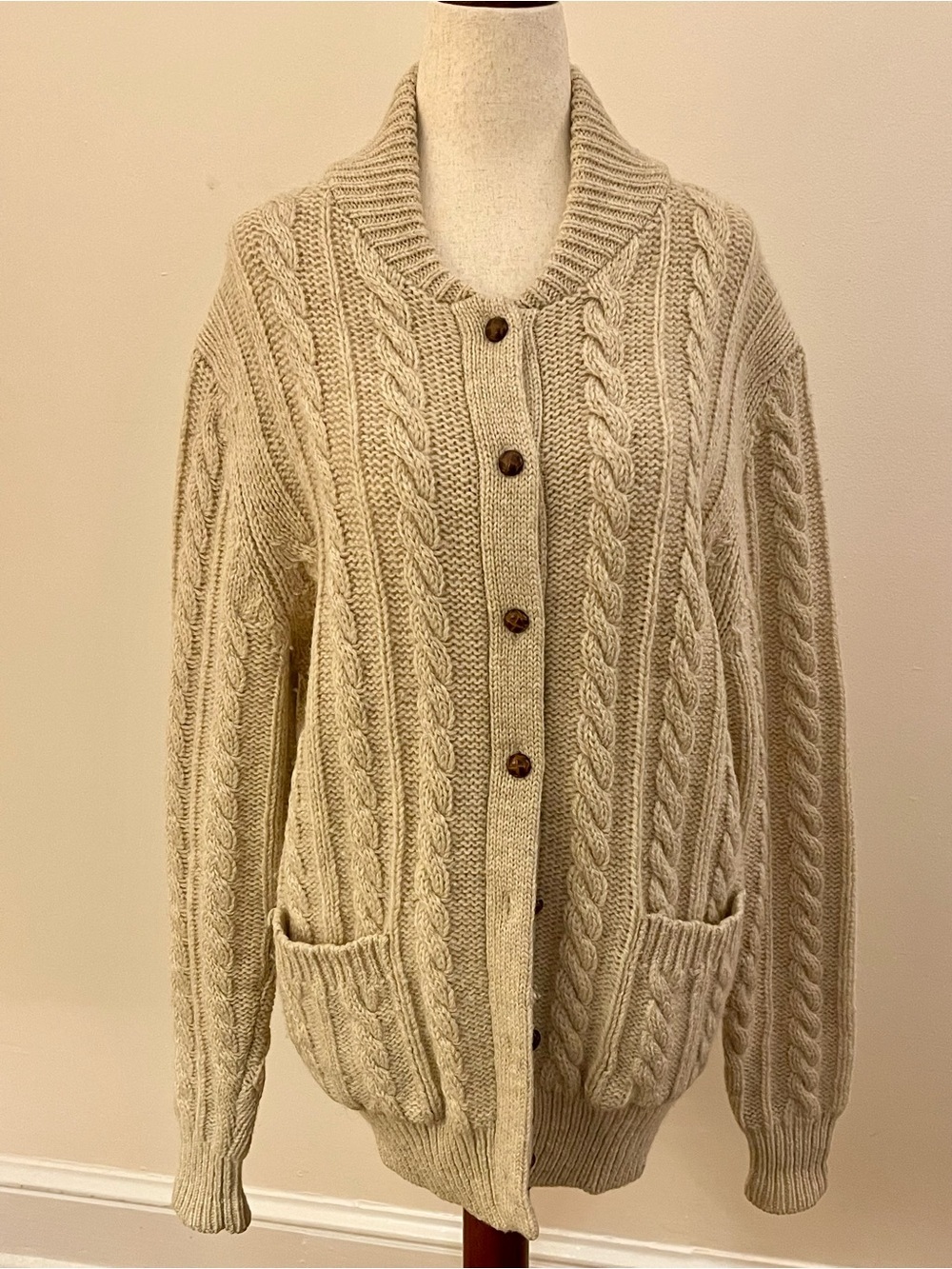 Vintage Orvis Cable Knit Shawl Collar Cardigan Sweater Cream Wool XL